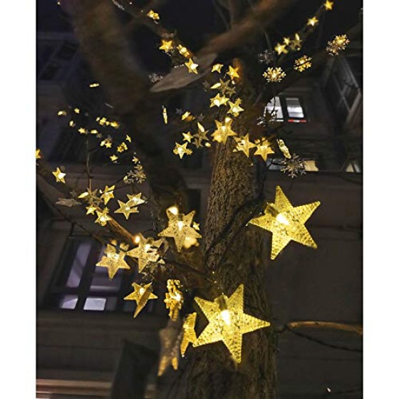 ソーラー式スター・フェアリーライト、ウォームホワイトのクリスマスガーデンライト、屋外ソーラーストリングライト（パティオ・結婚式・誕生日パーティー・庭・フェンス・フェスティバル用）